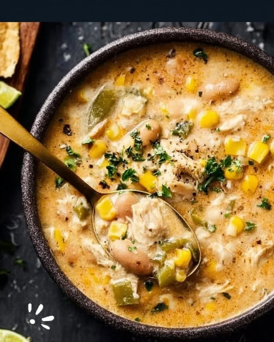 Creamy cheesy chicken white chili served in a bowl with toppings.