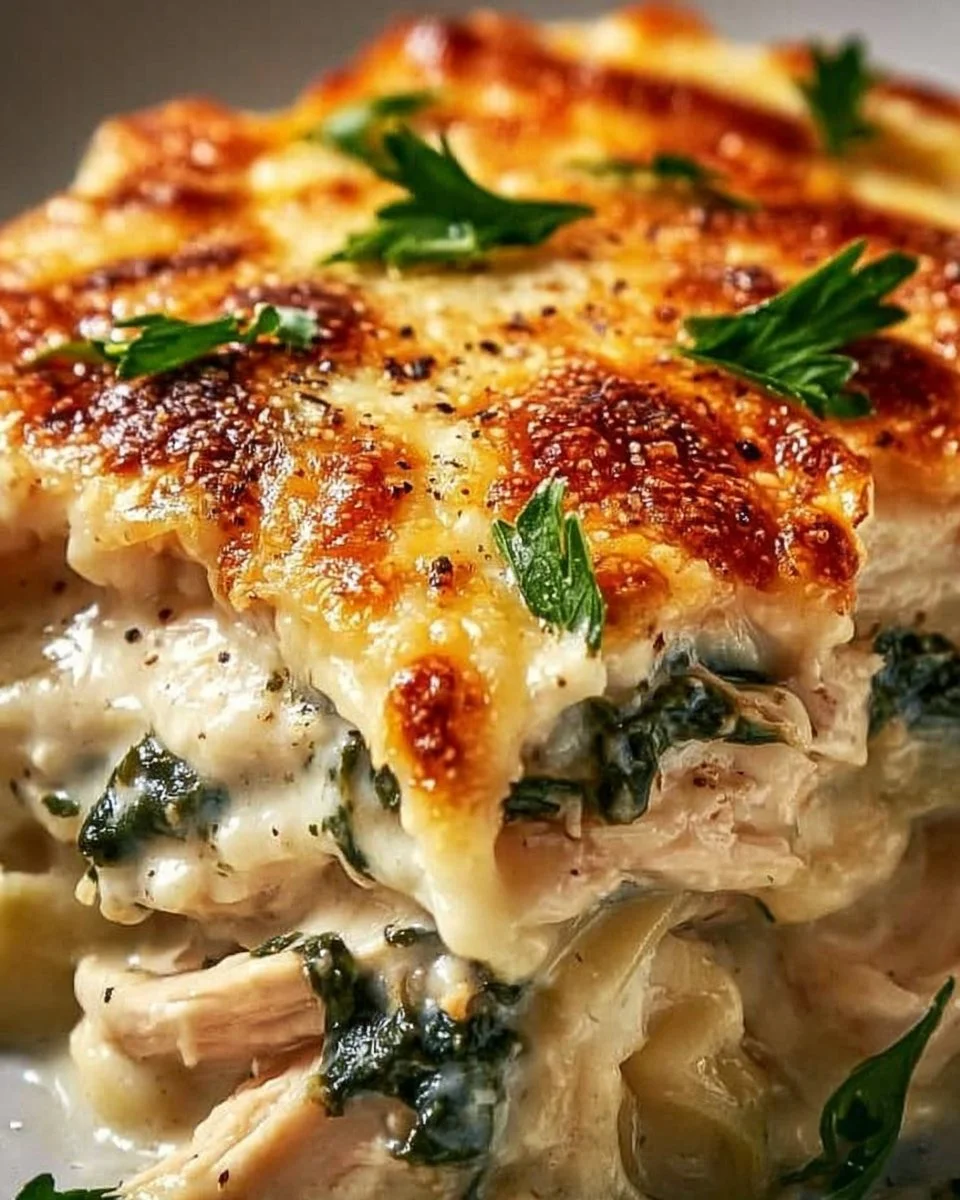 Creamy chicken and spinach casserole in a baking dish topped with cheese