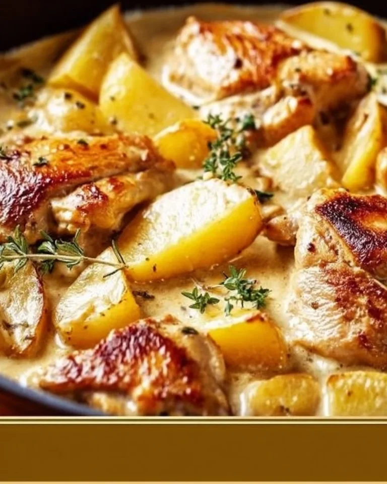 Creamy French Chicken Casserole served in a ceramic dish with fresh herbs