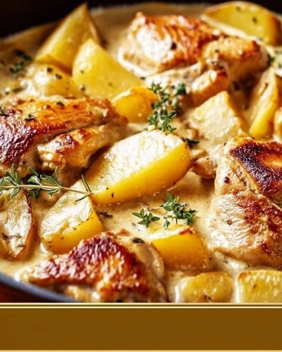 Creamy French Chicken Casserole served in a ceramic dish with fresh herbs