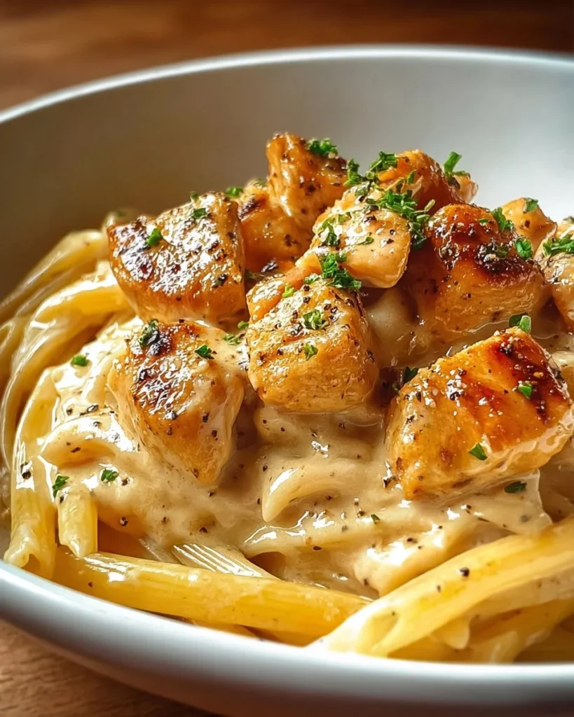 Creamy garlic butter chicken served over pasta, garnished with herbs.