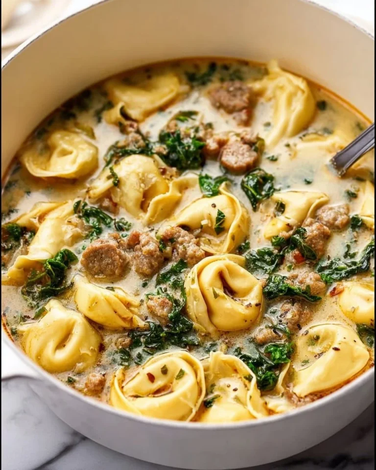Creamy Italian Sausage Tortellini Soup with kale in a bowl