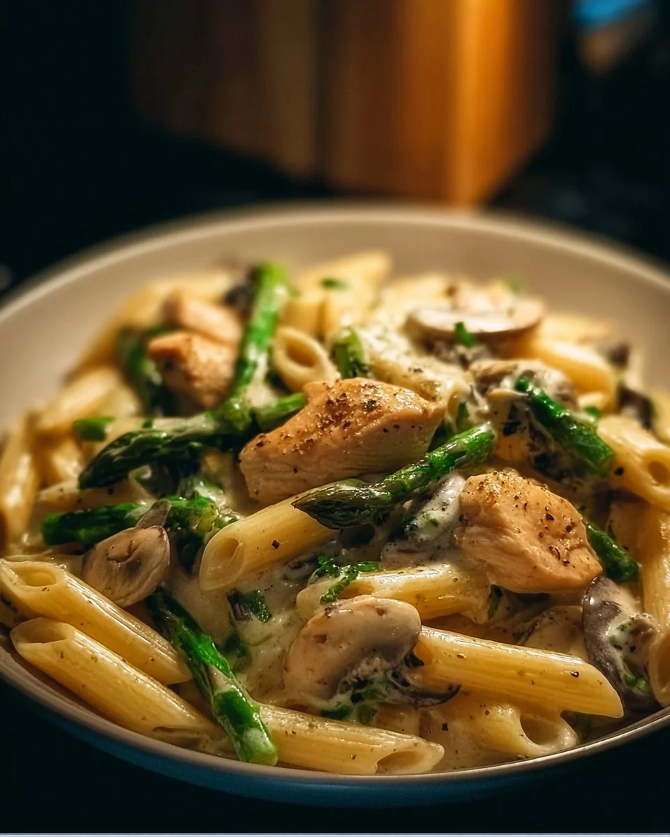Creamy mushroom asparagus chicken penne served in a bowl
