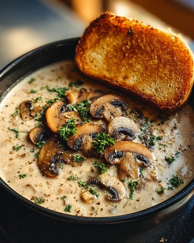 Delicious creamy mushroom soup garnished with herbs and served in a bowl