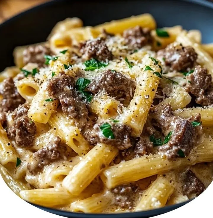 Creamy Parmesan garlic beef bowtie pasta served in a bowl