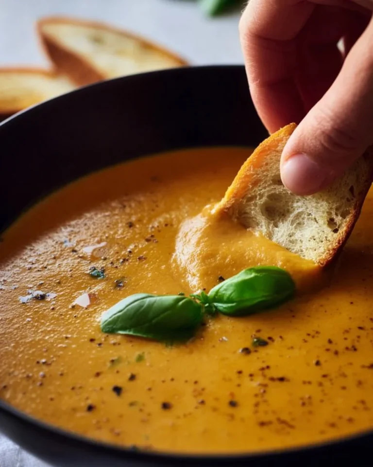 Bowl of creamy roasted veggie soup with fresh herbs and vegetables