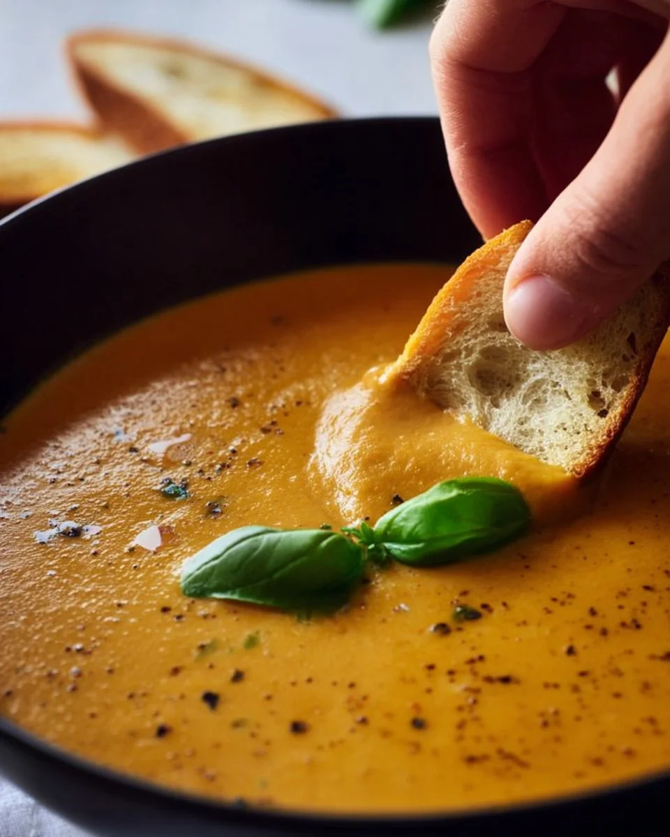 Bowl of creamy roasted veggie soup with fresh herbs and vegetables