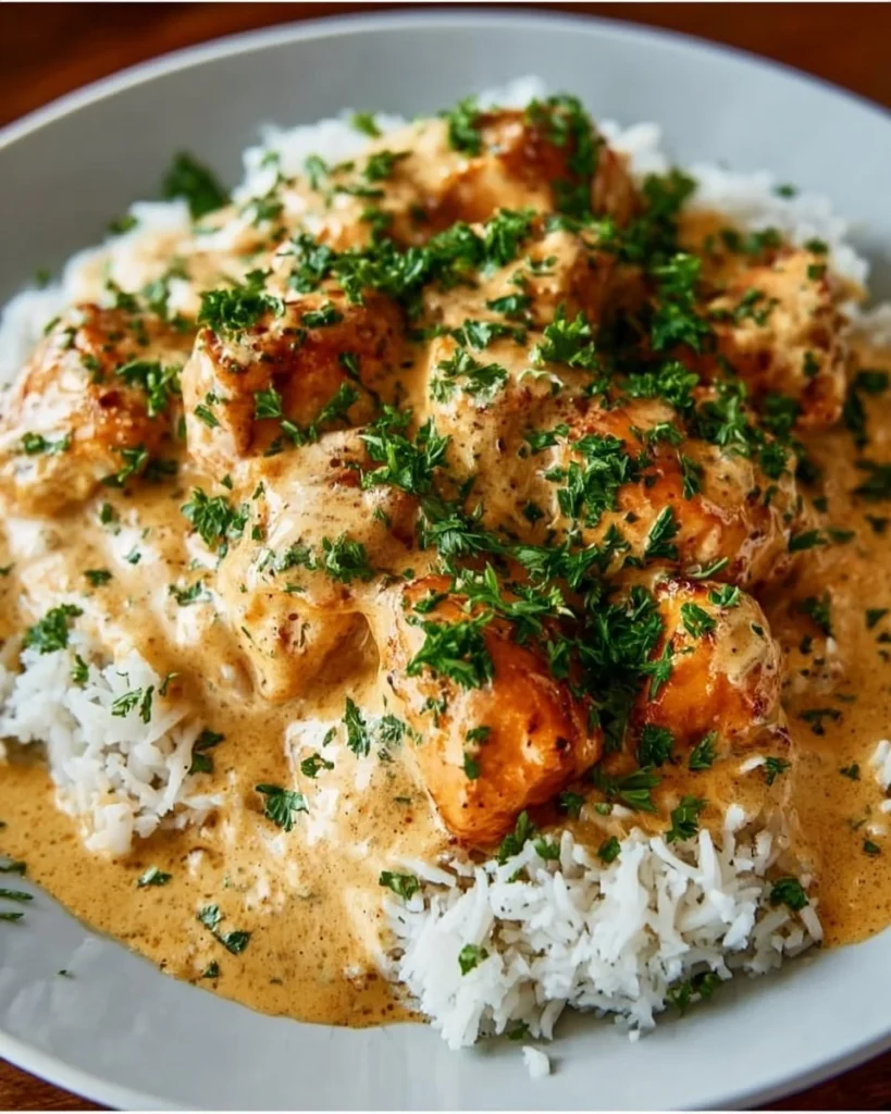 Creamy smothered chicken served on a bed of rice in a white bowl