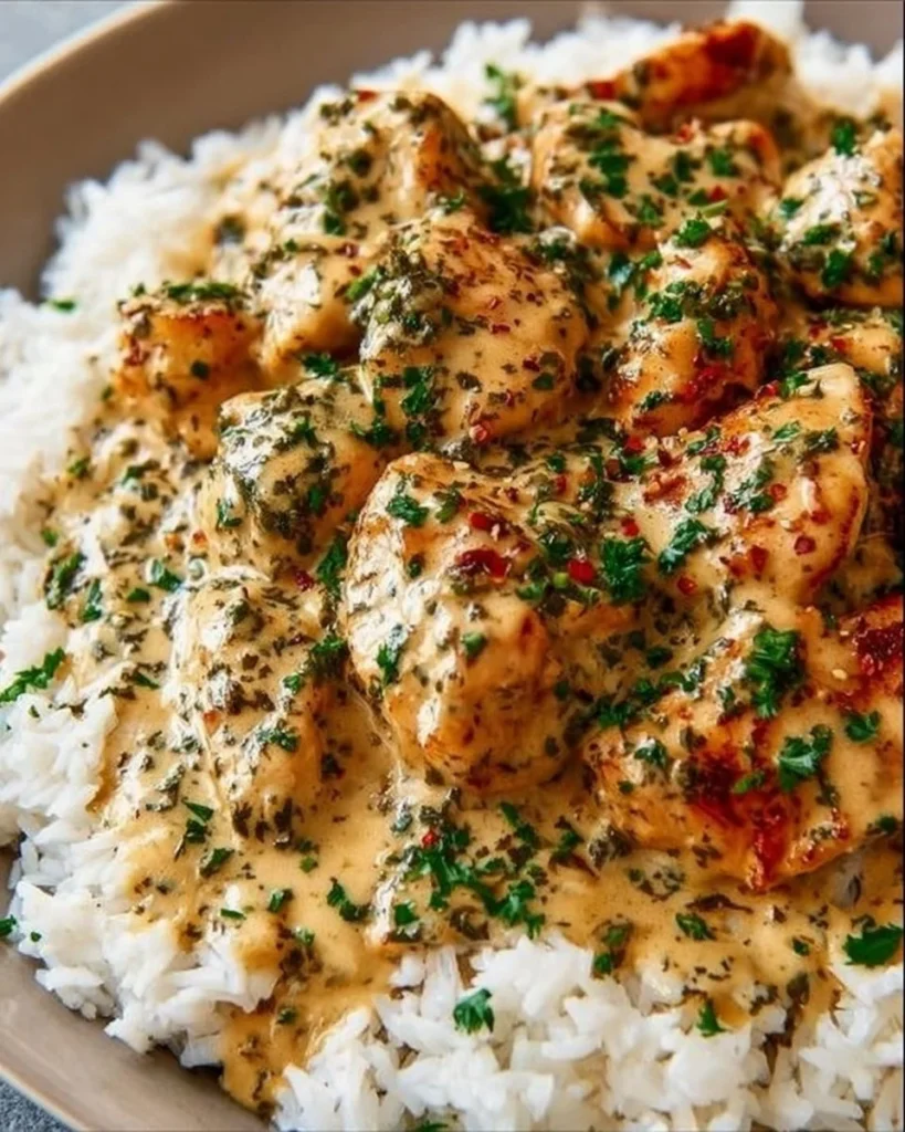 Creamy smothered chicken served over rice for a delicious dinner.