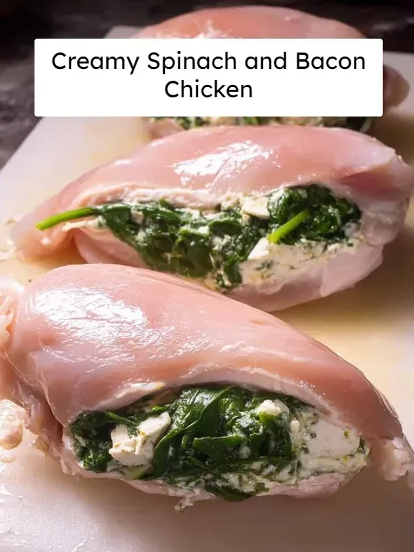Creamy spinach and bacon chicken dish served on a plate.