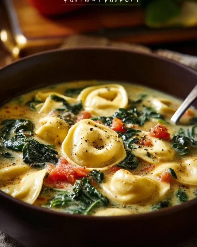 Bowl of creamy spinach tortellini soup garnished with fresh herbs