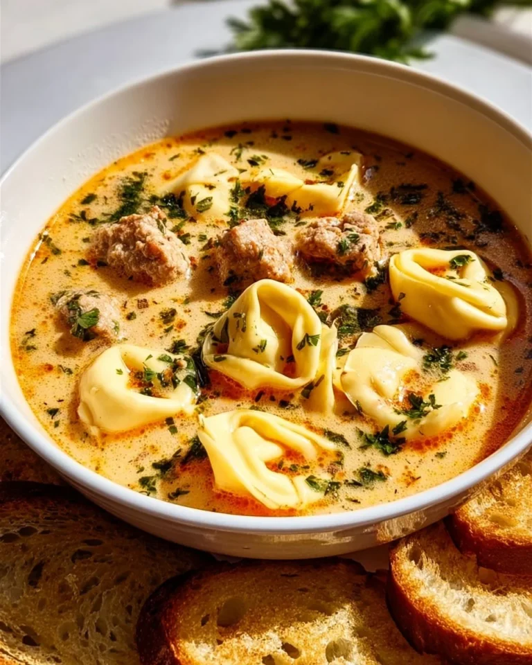 A delicious bowl of creamy tortellini soup garnished with herbs.