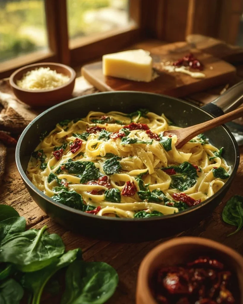 Creamy Tuscan chicken pasta with spinach and sun-dried tomatoes in a bowl.
