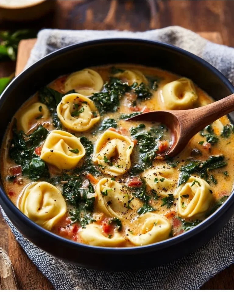 A bowl of creamy Tuscan garlic tortellini soup garnished with herbs.