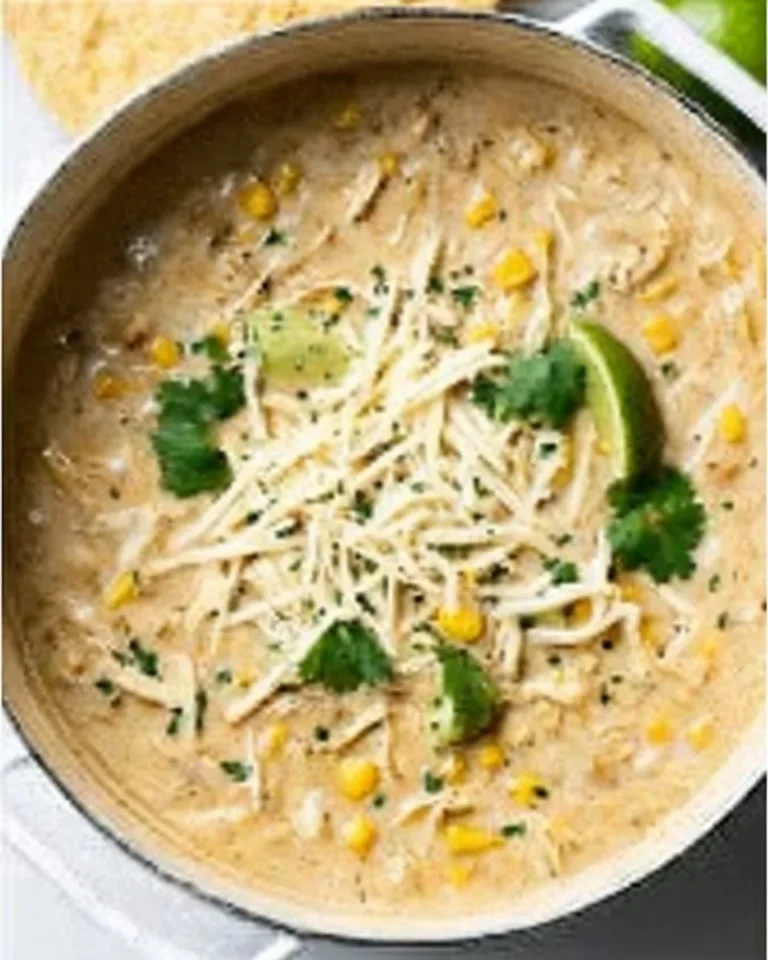 Creamy white chicken chili served in a bowl with toppings