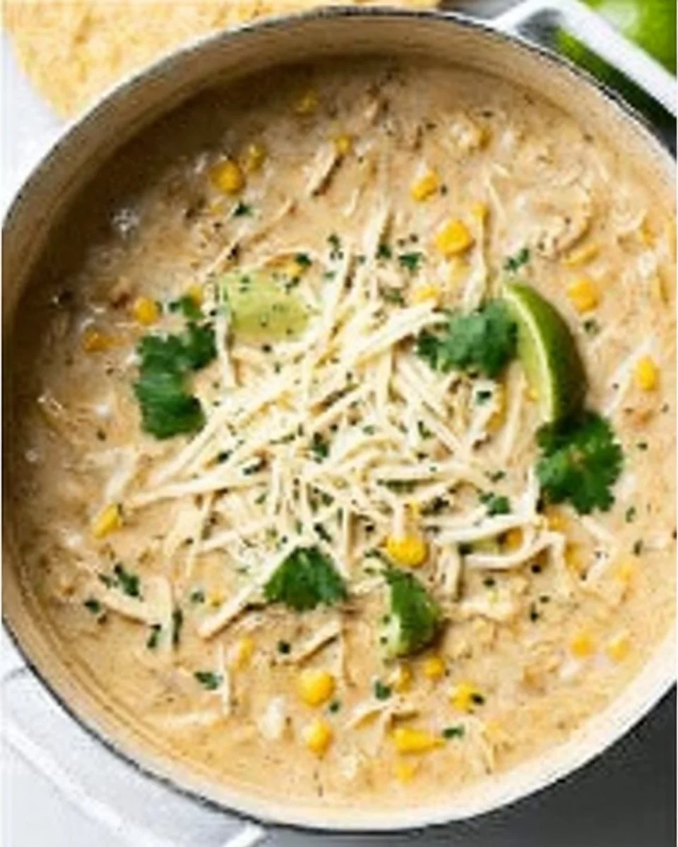 Creamy white chicken chili served in a bowl with toppings