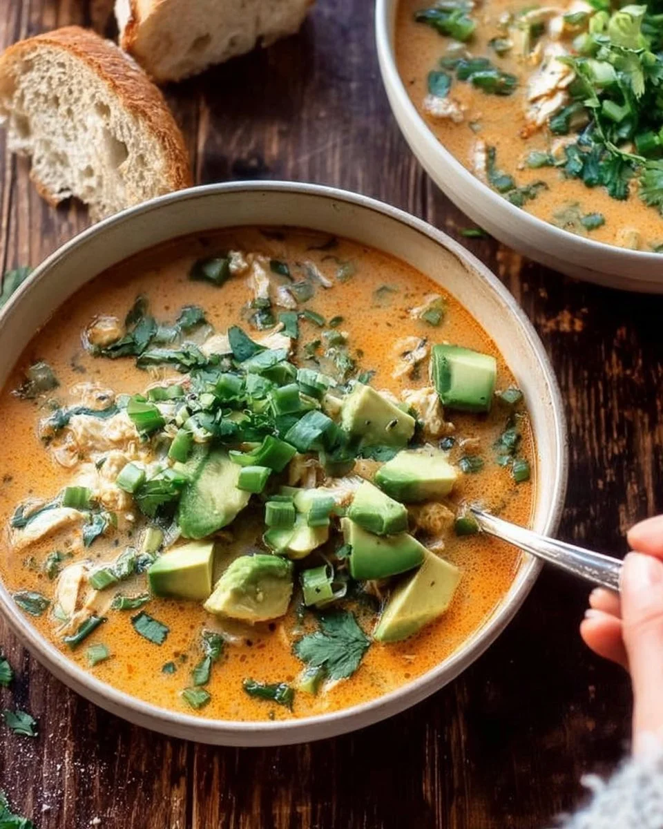 Bowl of creamy white chicken chili garnished with cilantro and lime.
