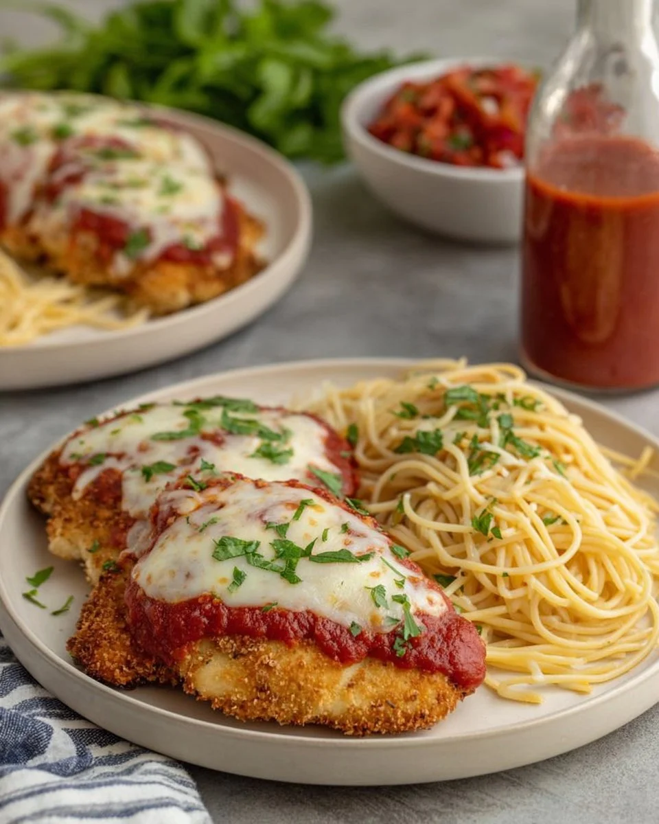 Crispy and juicy air fryer chicken parmesan served with marinara sauce