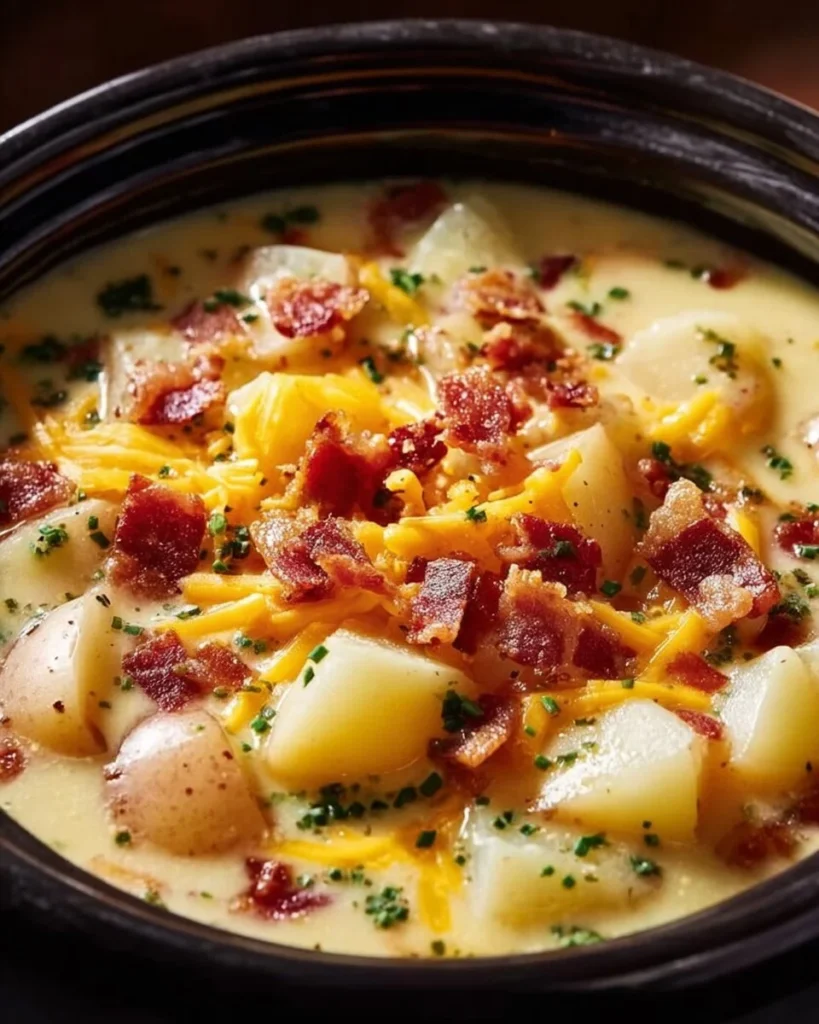 Bowl of crock pot crack potato soup topped with cheese and green onions