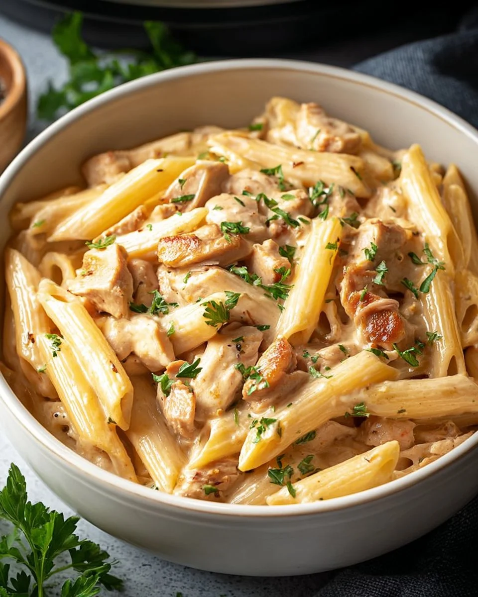Delicious Crock Pot Creamy Cajun Chicken Pasta served in a bowl