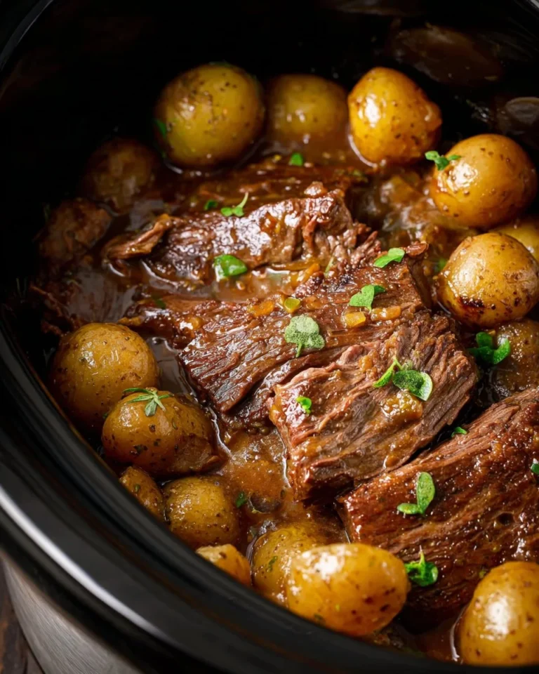 Crock Pot steak and potatoes served in a bowl with herbs and vegetables