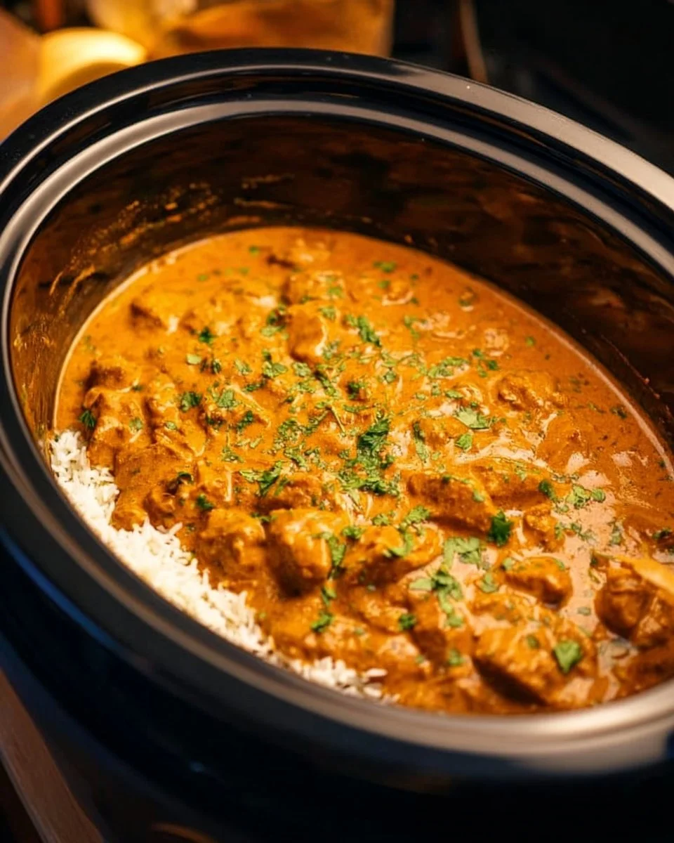 Delicious Crockpot Butter Chicken served with rice and cilantro garnish