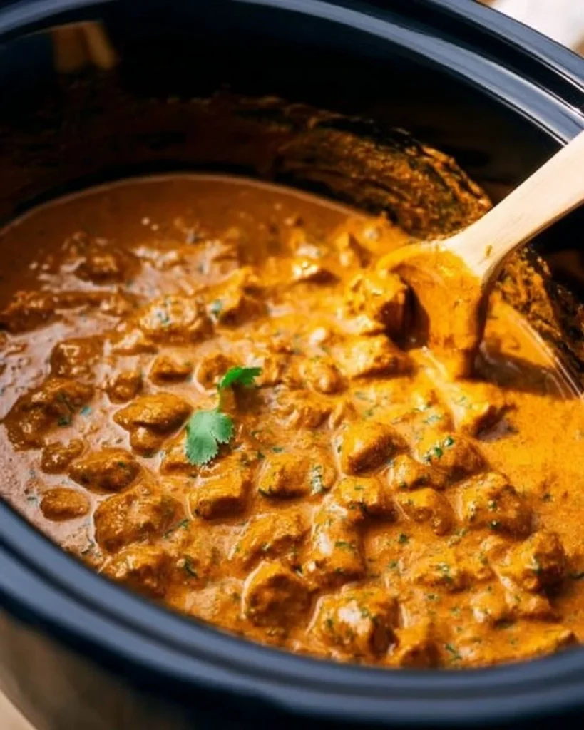 Crockpot Butter Chicken dish served on a plate with rice.