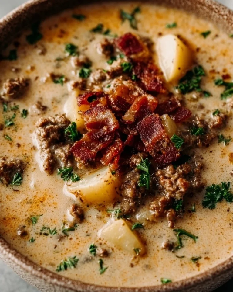 Delicious bowl of Crockpot Cheeseburger Soup topped with cheese and herbs