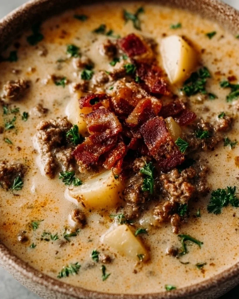 Delicious bowl of Crockpot Cheeseburger Soup topped with cheese and herbs