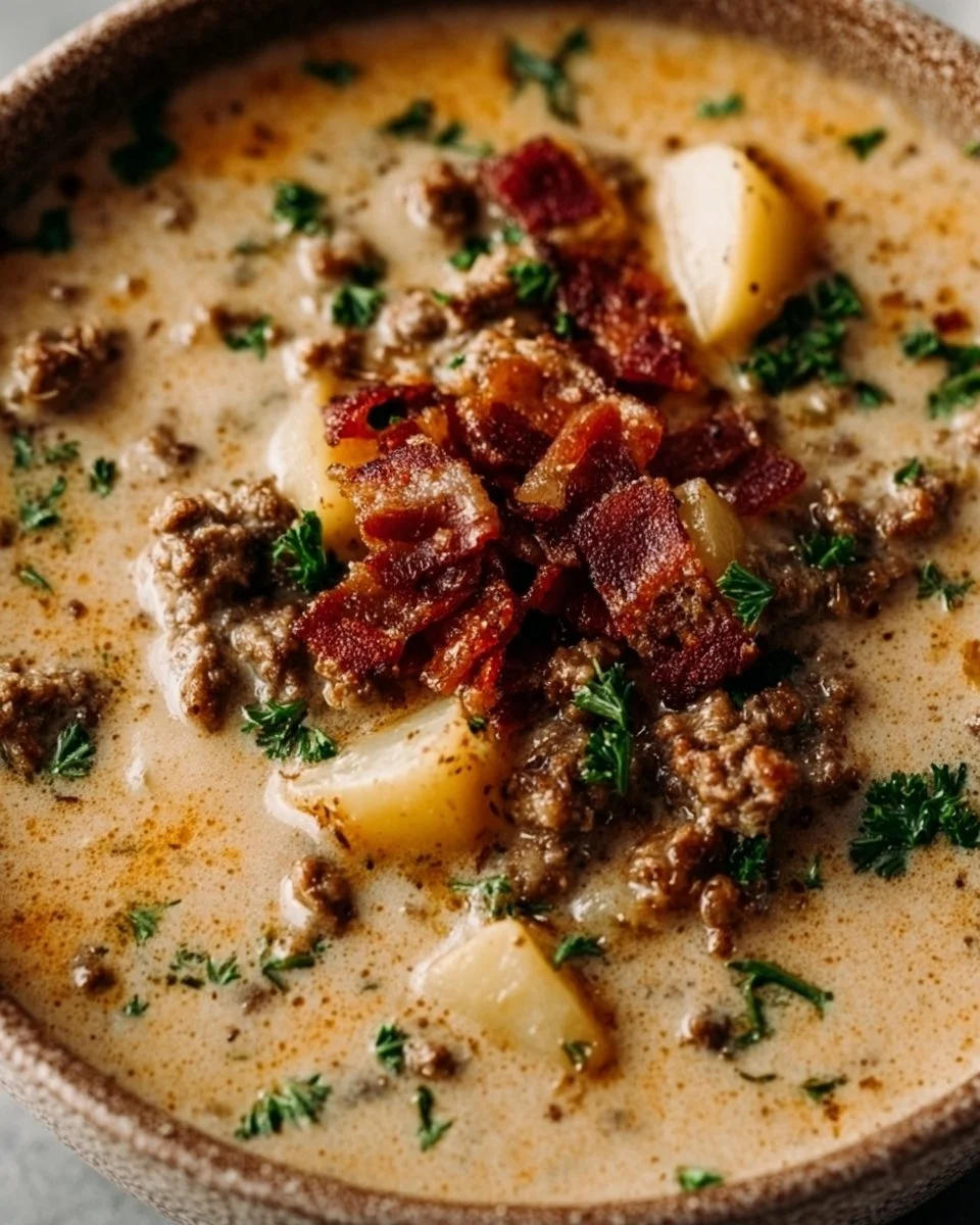 Delicious bowl of Crockpot Cheeseburger Soup topped with cheese and herbs