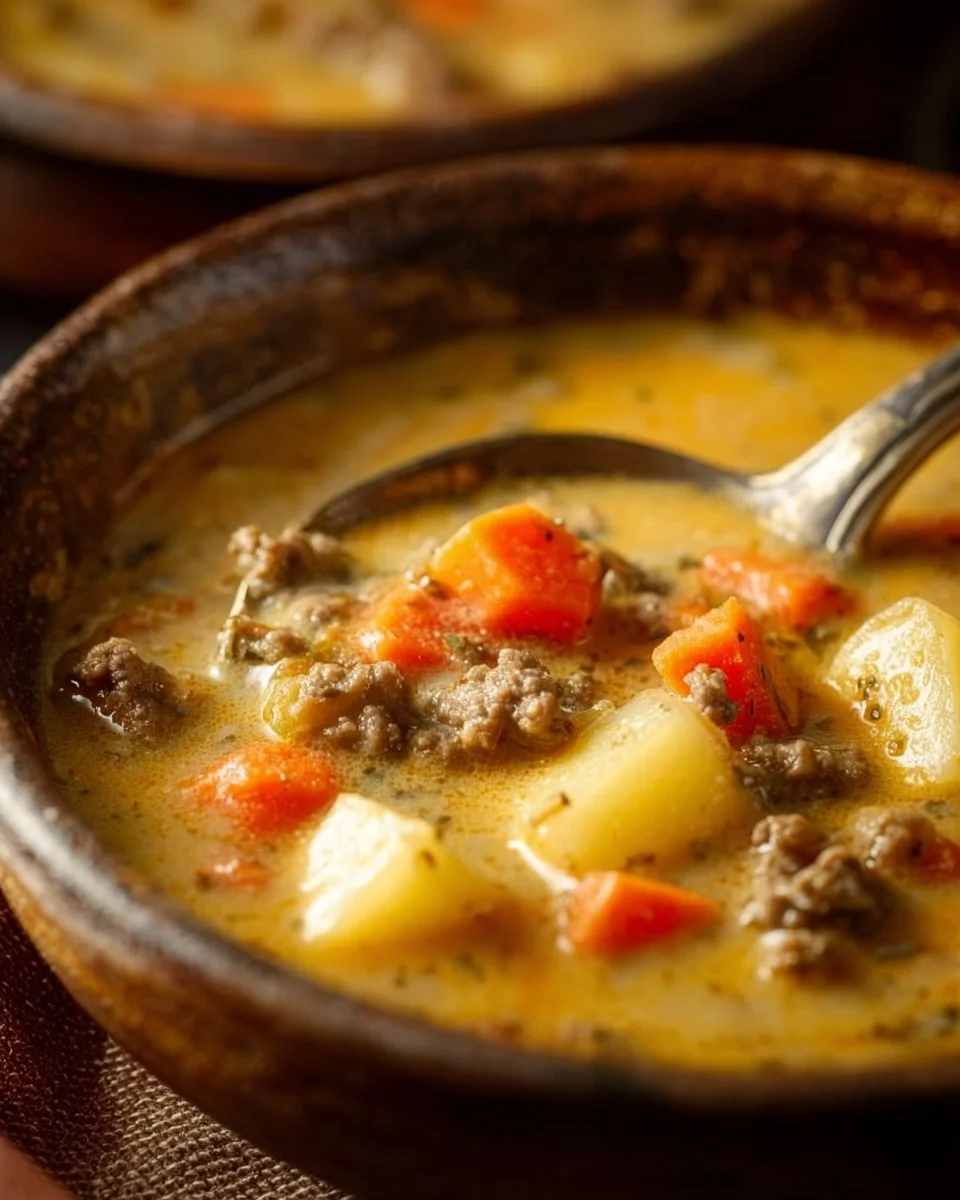 Bowl of delicious crockpot cheeseburger soup topped with cheese and herbs