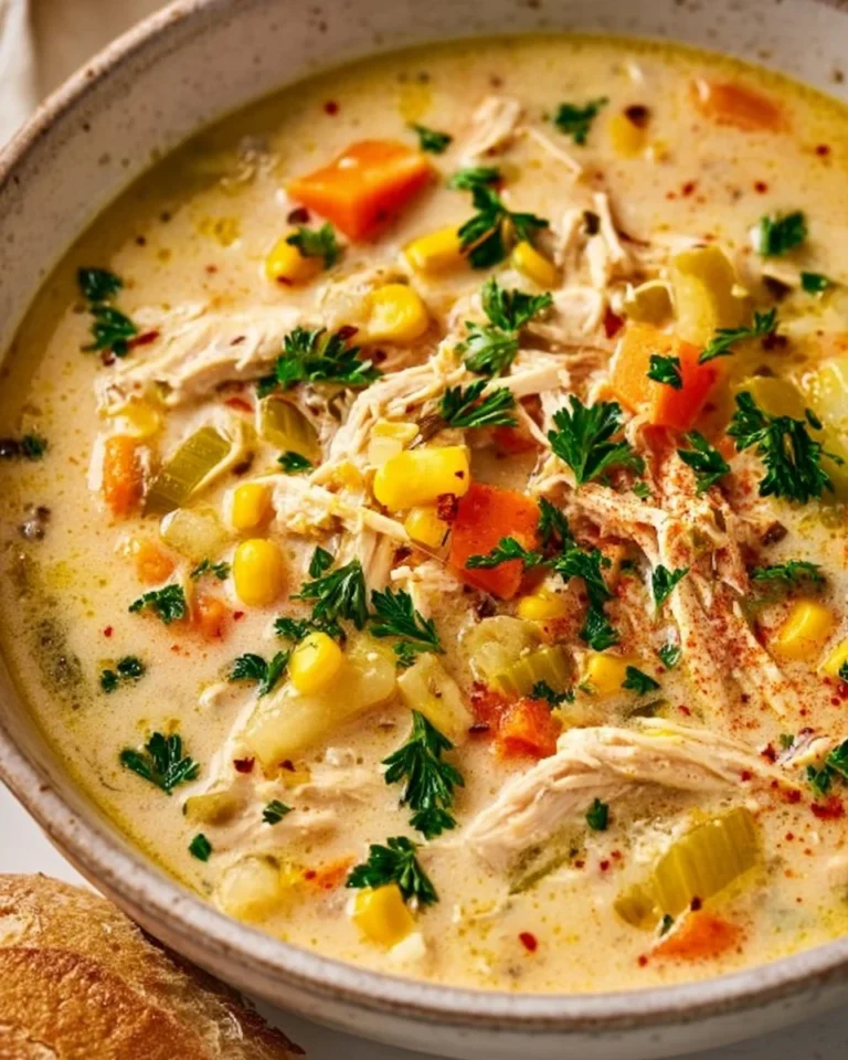 Bowl of creamy Crockpot Chicken Corn Chowder topped with herbs