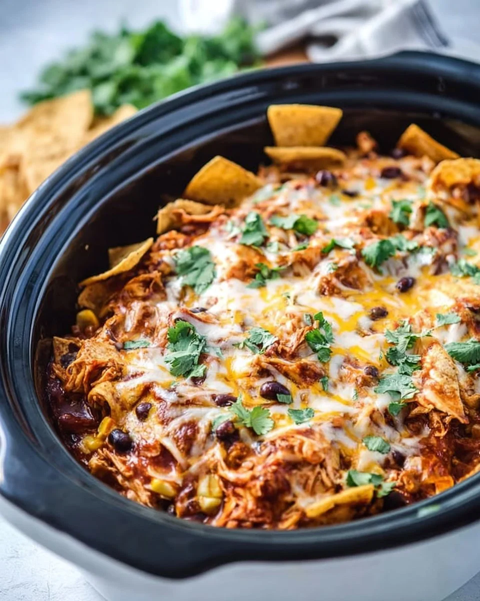 Crockpot Chicken Enchilada Casserole topped with cheese and cilantro