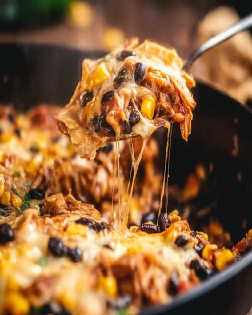 Crockpot Chicken Enchiladas Casserole served in a rustic dish