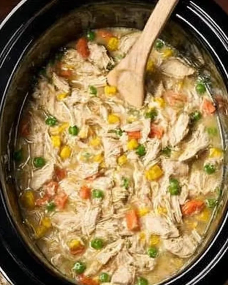 Delicious crockpot chicken pot pie with vegetables and tender chicken