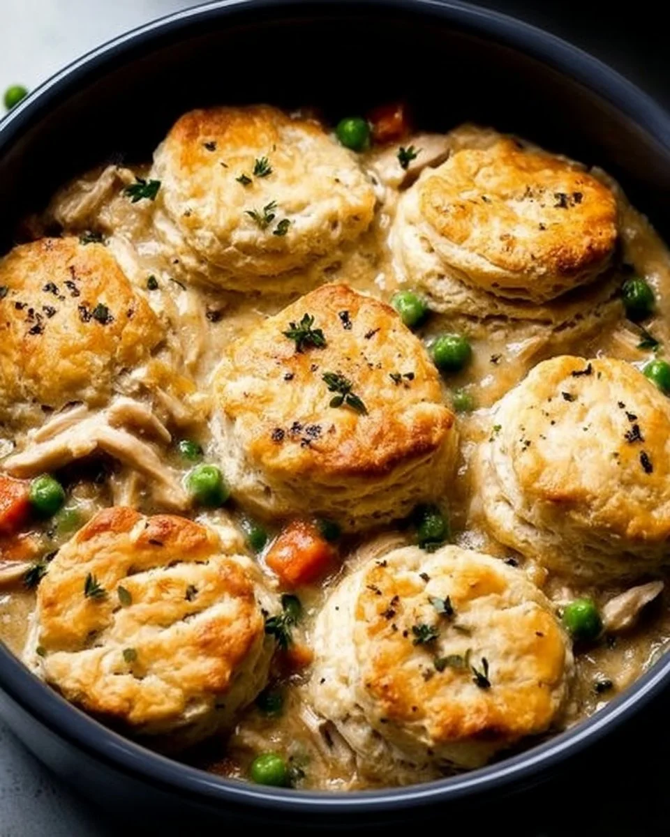 Crockpot Chicken Pot Pie Casserole served in a white bowl with kitchen utensils