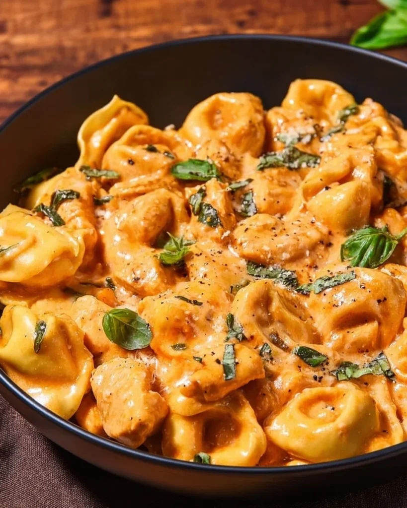 Delicious CrockPot Chicken Tortellini with fresh ingredients in a bowl
