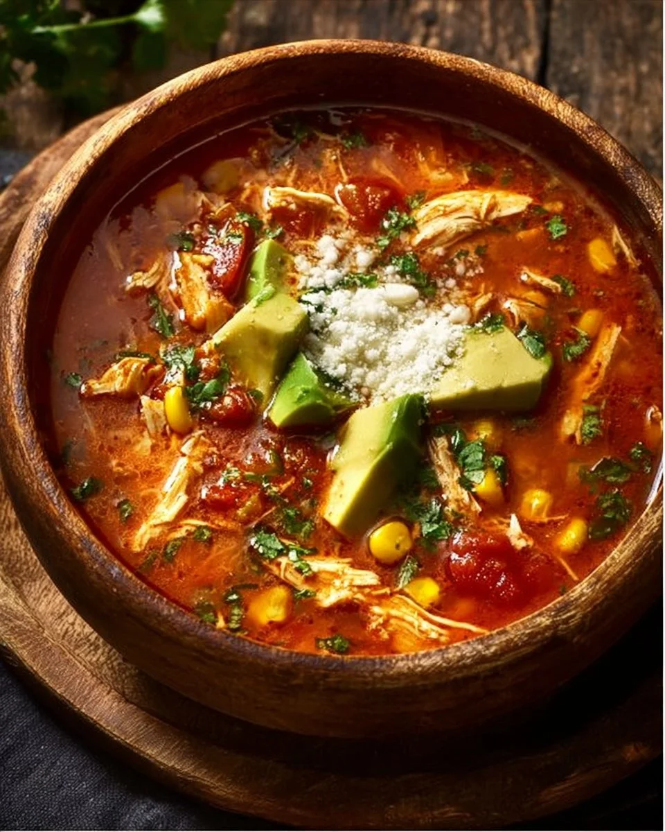Bowl of hearty Crockpot chicken tortilla soup with toppings