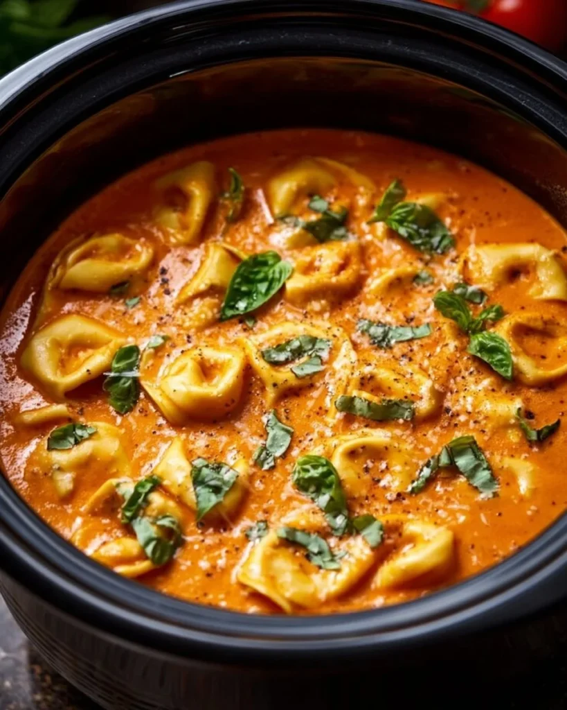 Crockpot creamy tomato tortellini soup served in a bowl with fresh basil.