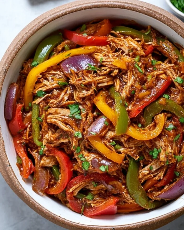 Crockpot Fajitas with chicken, peppers, and onions in a slow cooker.