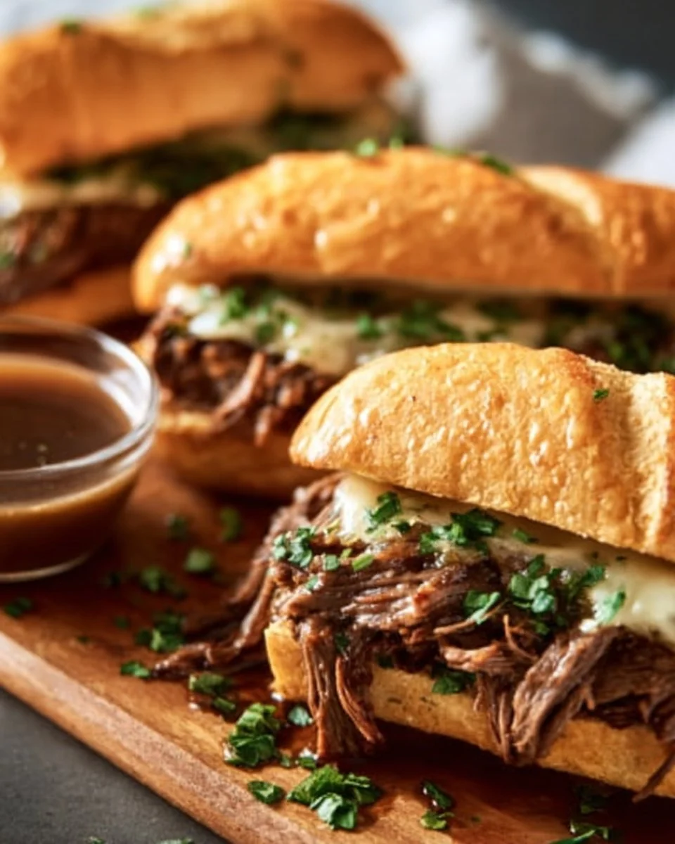 Crockpot French dip sandwiches served with savory beef and dipping sauce.