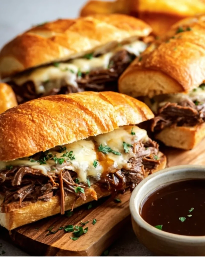 Delicious Crockpot French Dip Sandwiches with tender beef and savory broth