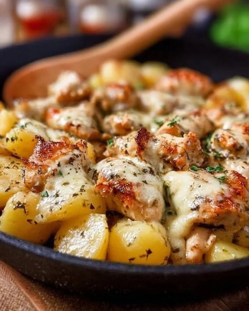Crockpot Garlic Parmesan Chicken with Potatoes in a serving dish