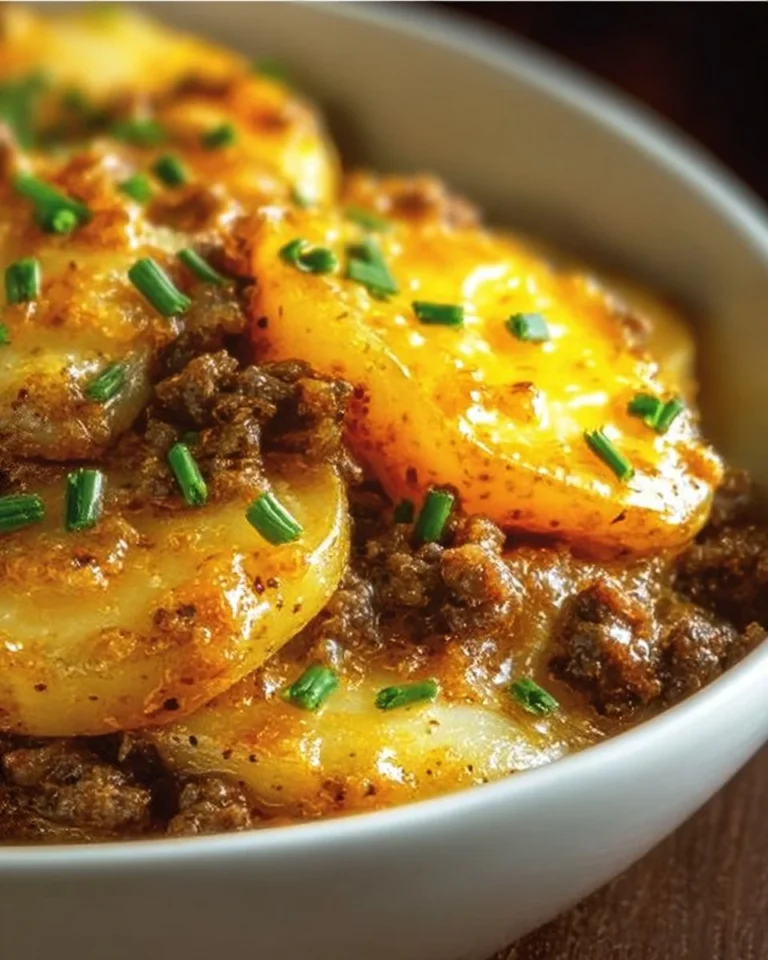 Crockpot Hamburger Potato Casserole in a serving dish with toppings