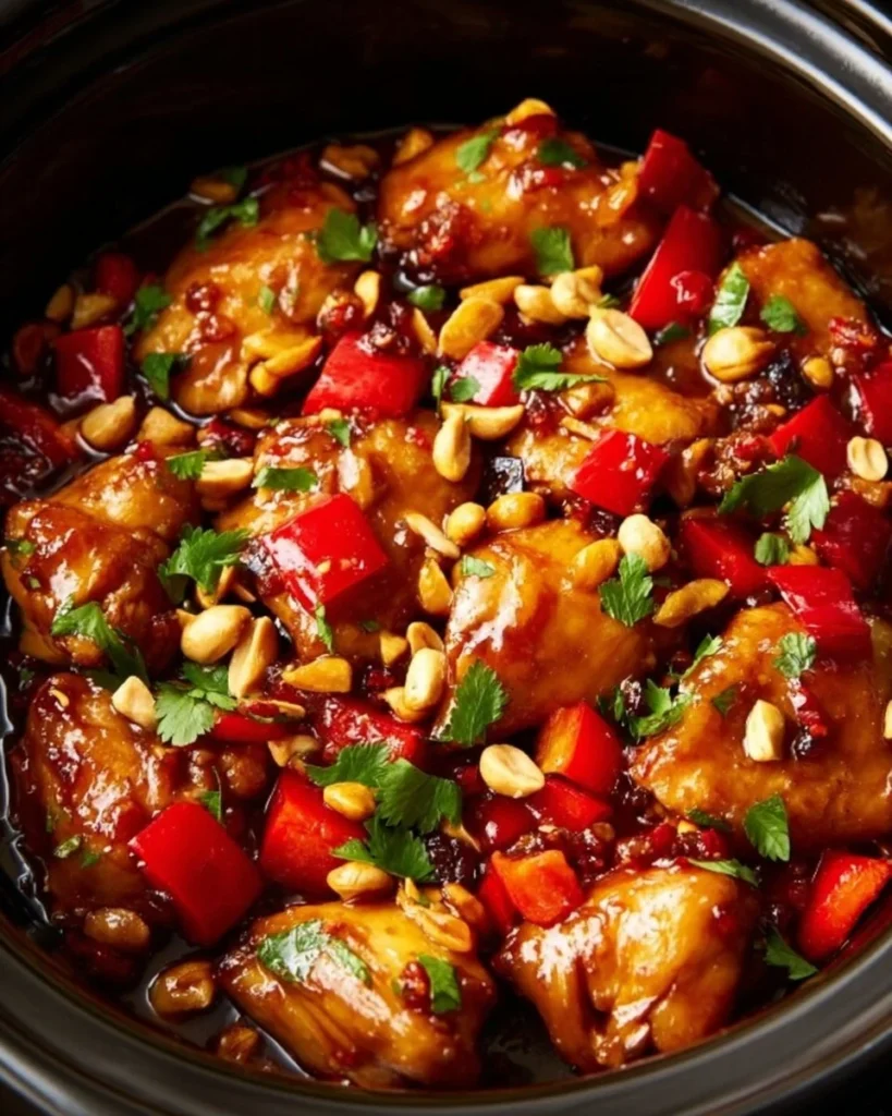 Crockpot Kung Pao Chicken served in a dish with peanuts and vegetables