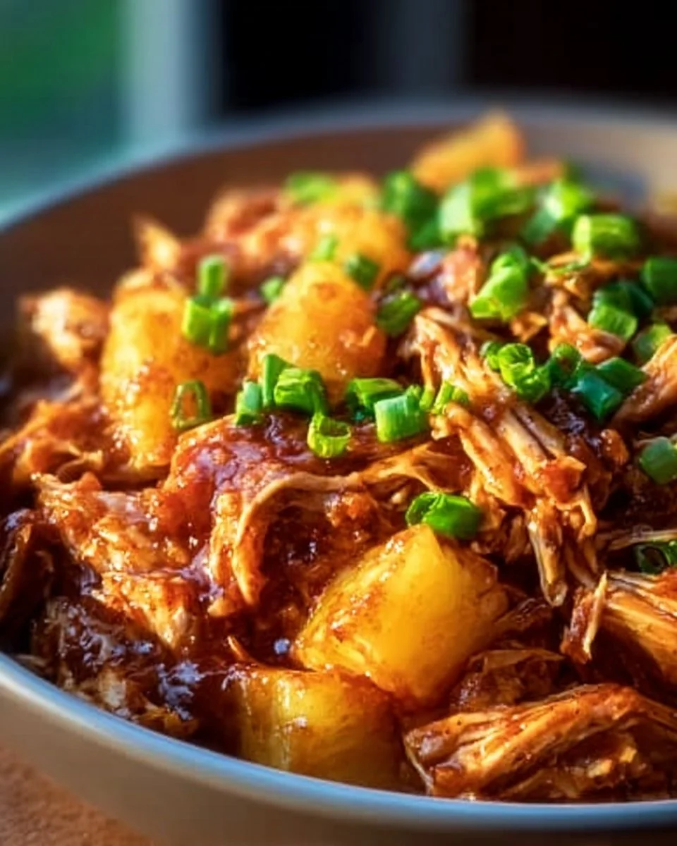 Crockpot Pineapple BBQ Chicken served on a plate with vibrant colors
