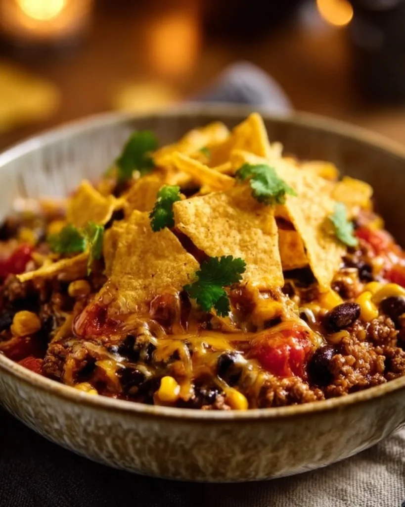 Delicious Crockpot Taco Casserole topped with cheese and fresh ingredients