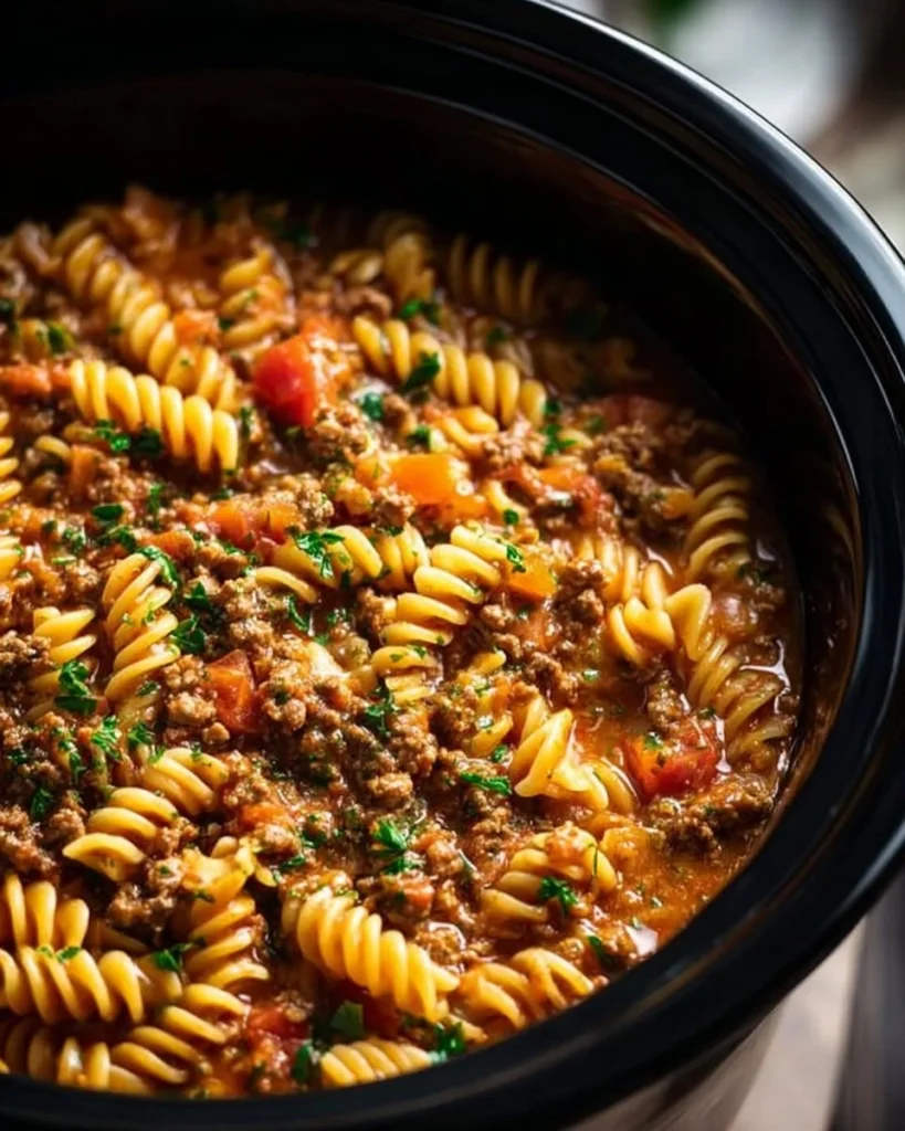 Delicious crockpot taco pasta served in a bowl, topped with cheese and herbs.