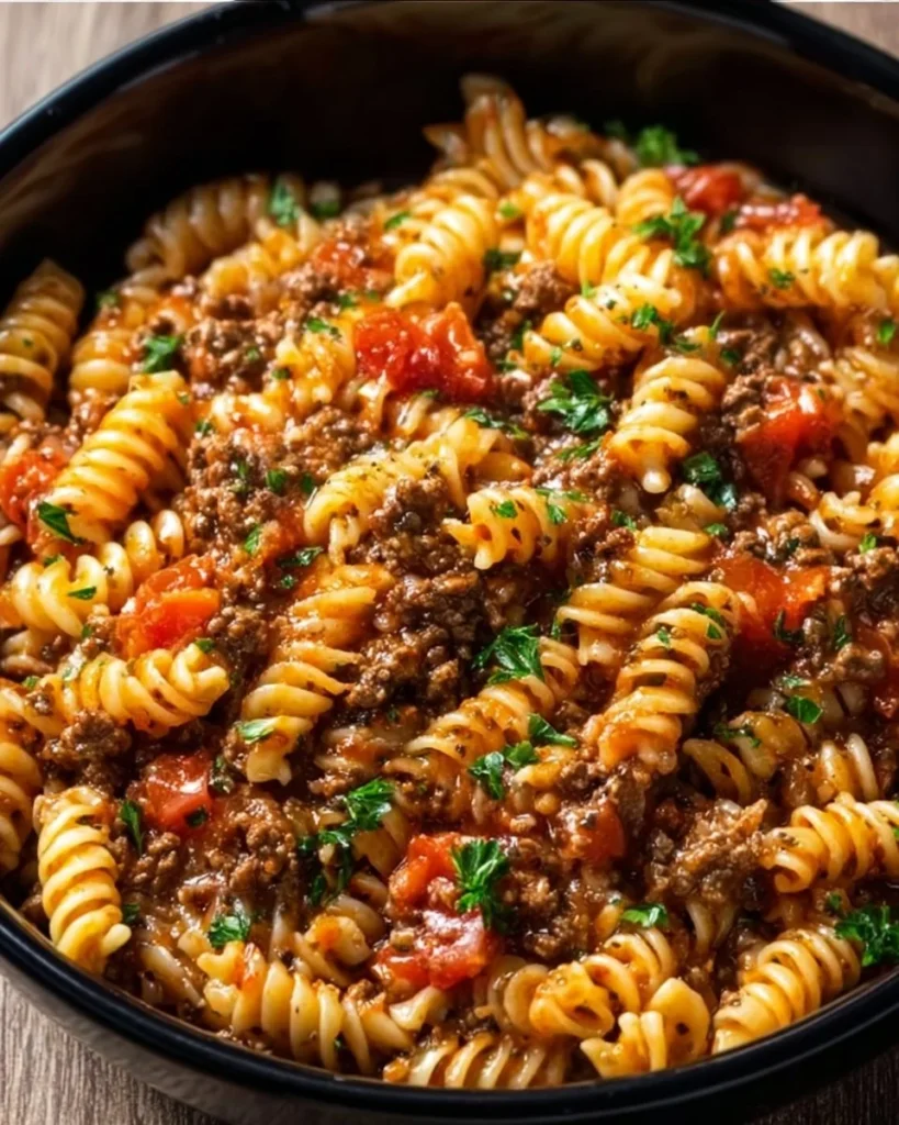 Delicious Crockpot Taco Pasta in a bowl garnished with cilantro