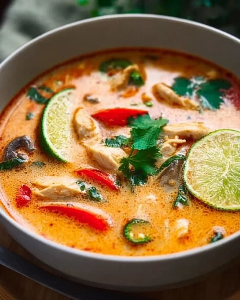 Crockpot Thai Coconut Chicken Soup with chicken, coconut milk, and herbs